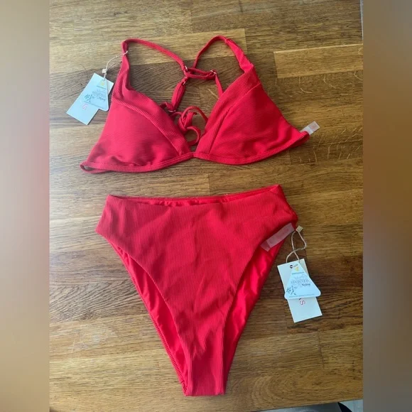 Rihoas The Red Ribbed Cross Back Bikini Top and high waisted bikini bottom Set S - Picture 4 of 8